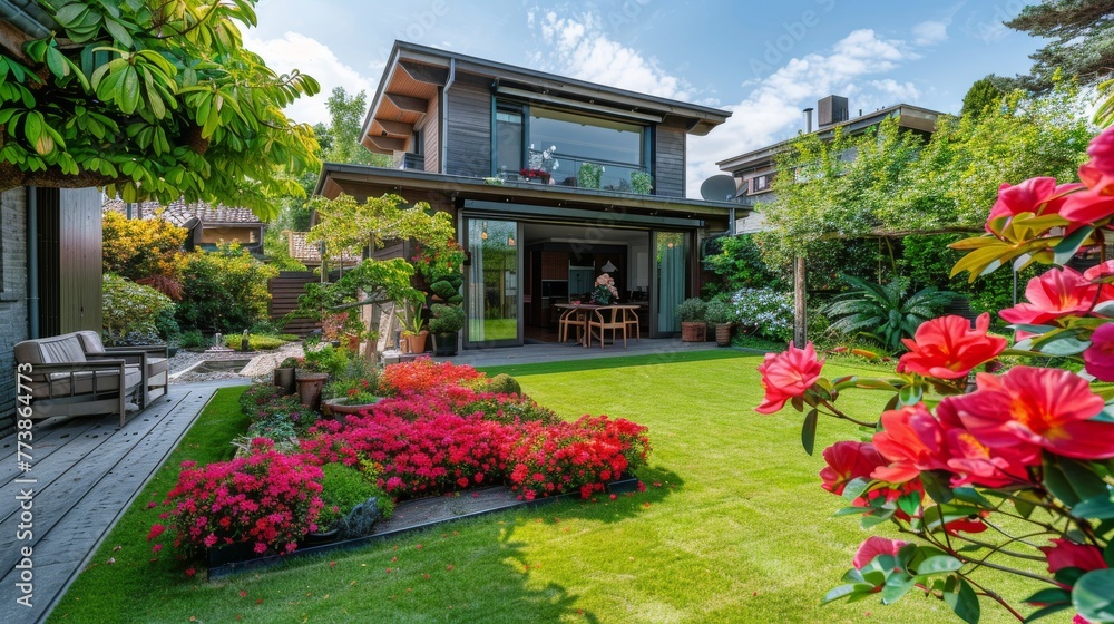 House With Spacious Lawn and Front Yard Flowers