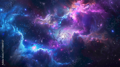 A burst of cosmic colors - from deep space blues to swirling nebula purples to radiant starlight whites - set agnst the infinite blackness of the universe,