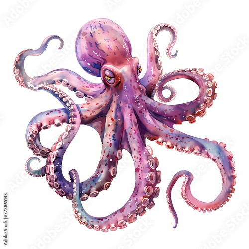 Watercolor Octopus realist clipart on white background