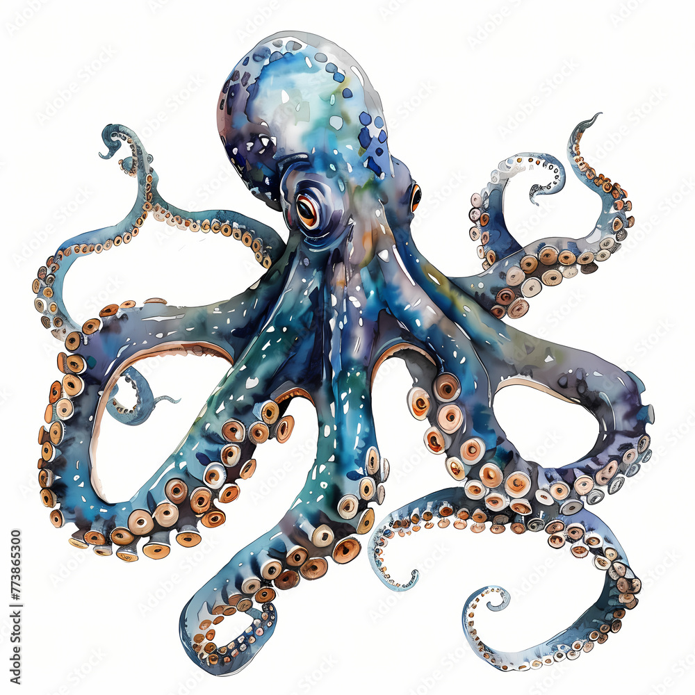 Obraz premium Watercolor Octopus realist clipart on white background