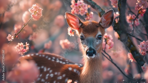 deer against the background of cherry blossoms in nature, wild animal, blooming spring garden