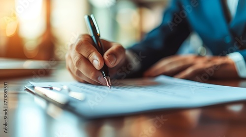 A man is writing with a pen on a piece of paper. Concept of professionalism and focus, as the man is likely writing an important document or note photo