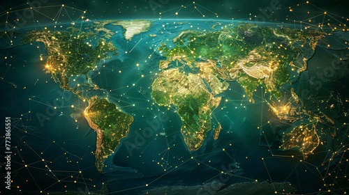 A globe with a network of lights on it. The lights are scattered all over the globe, creating a sense of connectivity and interdependence. Concept of a global community