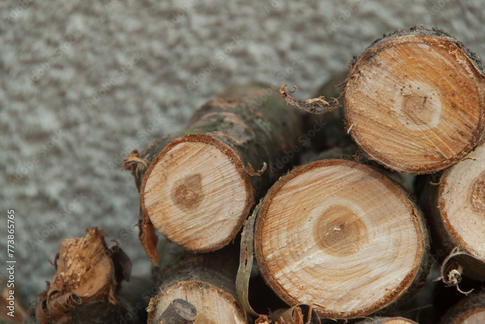 Pile of firewood on a gray wall background. Round firewood on a gray stone background Pile of firewood on a gray wall background. Round firewood on a gray stone background