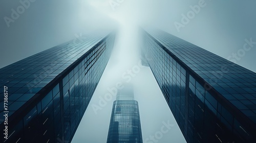 Two tall buildings with a foggy sky in the background. The buildings are made of glass and are very tall. The foggy sky gives the image a moody and mysterious feeling