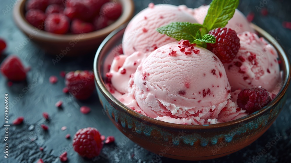 Homemade frozen ice cream in a plate. Summer Concept. Copy space.