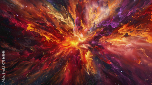 A fiery explosion of crimson, gold, and violet, like a cosmic firework frozen in time agnst the vast expanse of space.