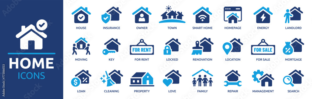 Home icon set. Containing house, property, loan, town, landlord, insurance, location, mortgage, for sale and more. Solid vector icons collection. - obrazy, fototapety, plakaty 