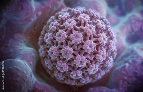 Obraz na płótnie Human papillomavirus (HPV), magnified under a powerful electron microscope. The surrounding details include microscopic cells of the body, among which the virus is spreading. w salonie