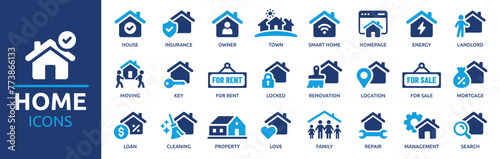 Home icon set. Containing house, property, loan, town, landlord, insurance, location, mortgage, for sale and more. Solid vector icons collection.