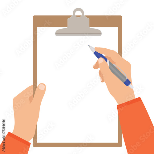Hands holding pen and clipboard with empty sheet paper