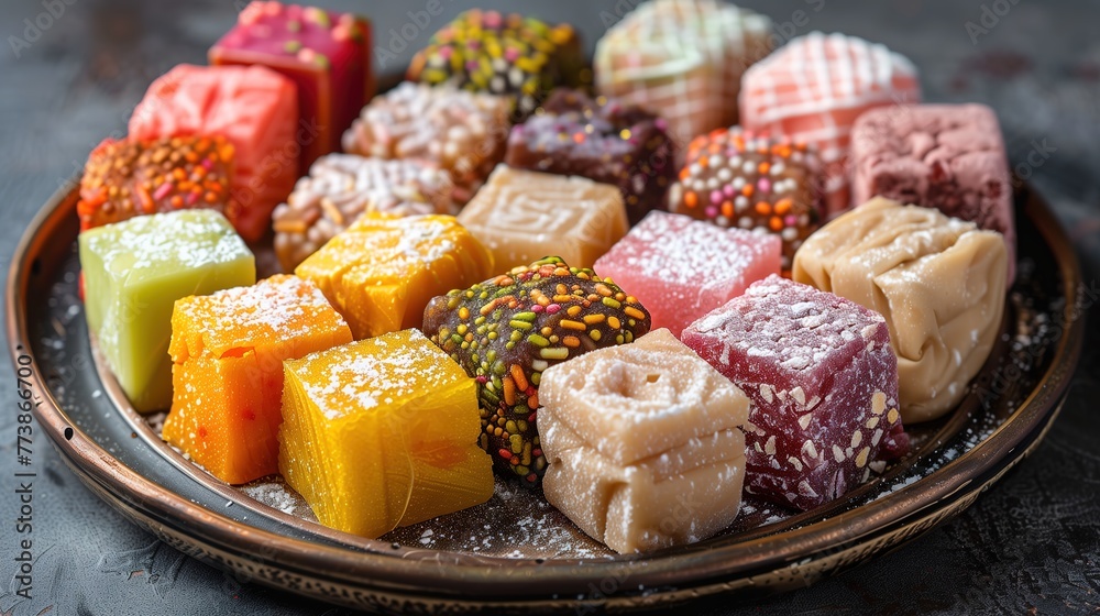 Turkish national sweets are sold at the fair. Multi-colored Asian desserts stacked on the table. Rahat lokum in bulk is sold at the festival Turkish national sweets are sold at the fair. Multi-colored Asian desserts stacked on the table. Rahat lokum in bulk is sold at the festival