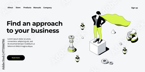 Business strength potential in isometric vector design concept. Powerful businesswoman striving and achieving corporate goal. Superhero motivation web banner layout