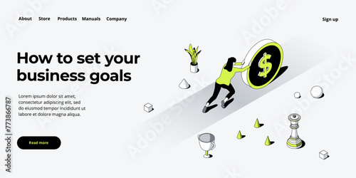 Business weight potential in isometric vector design concept. Powerful businesswoman striving and achieving corporate goal. Motivation web banner layout