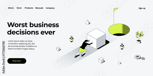 Making bad business decision. Vector illustration in isometric design. Mismatch strategy and corporate goal concept with strong businesswoman pushing load. Web banner layout.