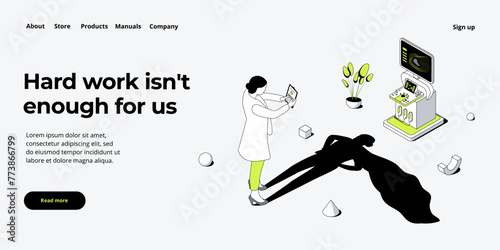 Female doctor superhero concept illustration in isometric vector design. Nurse hero as healthcare metaphor. Strong woman medic web banner layout.