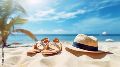 A pair of sandals and a straw hat are on the beach