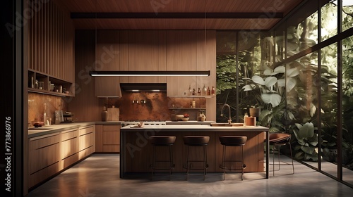 a digital scene capturing the elegance of a luxury kitchen  with a focus on the artistic impact of wooden decor throughout the space