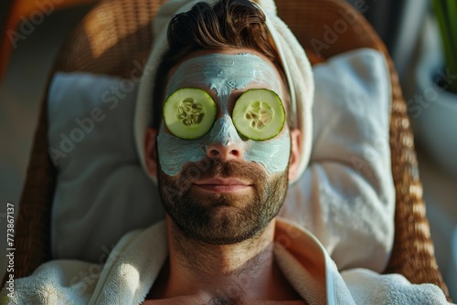 Adult man in bathrobe and towel turban enjoying spa day at home and relaxing in comfortable chair or armchair with facial beauty mask on face and fresh cucumber slices on eyes, Generative AI photo