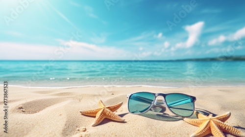A pair of sunglasses and two starfish are on a beach