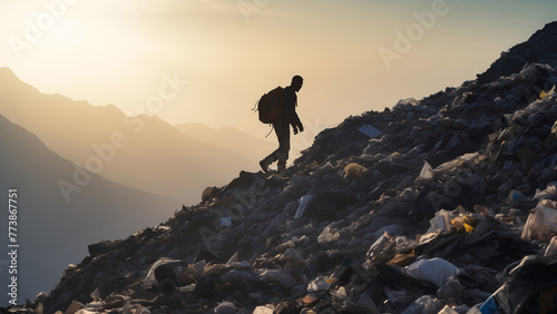 Man hiking a mountain of garbage with a sunset backdrop. photo
