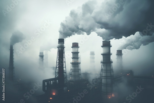 Multiple towering smokestacks release thick smoke into the atmosphere at an industrial complex, symbolizing air pollution. photo