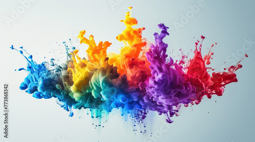 A dynamic burst of multicolored ink clouds intertwines in water, resembling a vivid underwater rainbow.