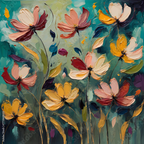 Seamless floral background.  Abstract wildflowers sway gently in an unseen breeze, their graceful movements captured in a serene, contemplative moment.