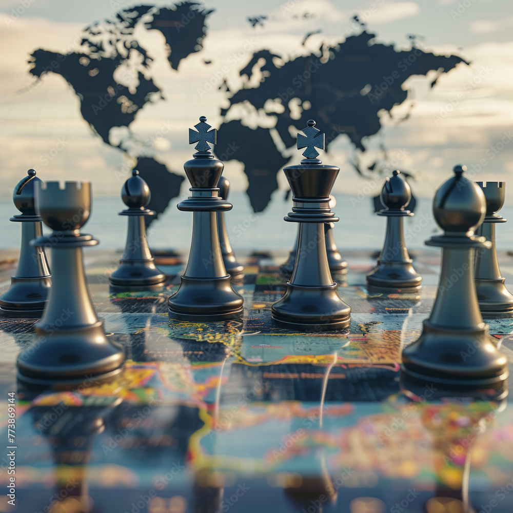 Chessboard with chess pieces located on world map, Concept of global tactics and geopolitics Chessboard with chess pieces located on world map, Concept of global tactics and geopolitics