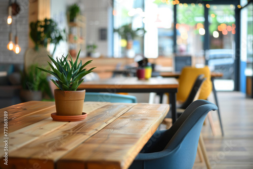 Coworking space with empty wooden table  a potted plant and a cafe area in background