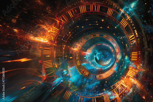 Vibrant abstract tunnel in space showcasing concept of relativity. Time-warp tunnel illustrating the impact of speed and gravity on the passage of time photo
