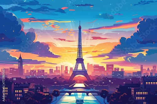 Paris city skyline at sunset