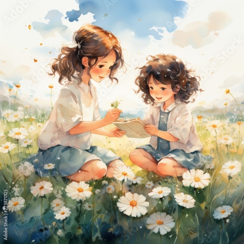 Two Little Girls Reading Book in Daisy Field