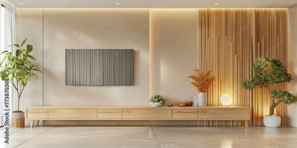 Modern minimalist beige wood cabinet TV with storage space, copy space background, Modern minimalist beige wood cabinet TV with storage space, copy space background,