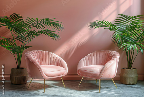 Pink Room With Two Chairs and Mirror