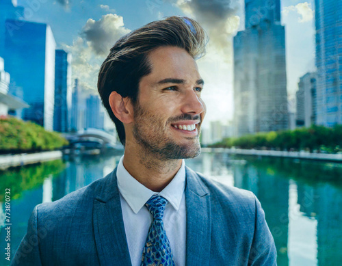 single portrait handsome man caucasian businessman mooking away in city office square area background  photo