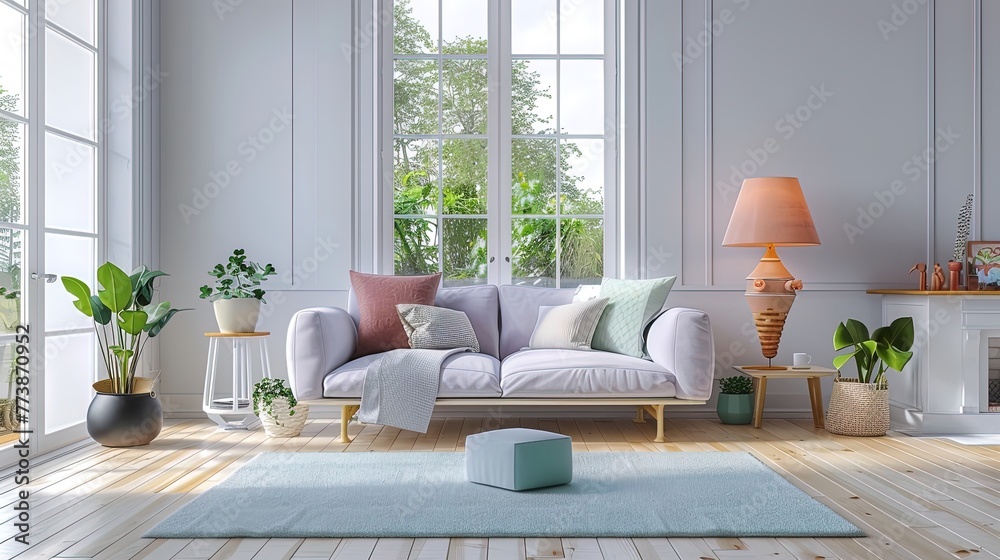 Comfortable and Modern Living Room with Sofa and Table Lamp - Bright and Cozy Interior Design Comfortable and Modern Living Room with Sofa and Table Lamp - Bright and Cozy Interior Design
