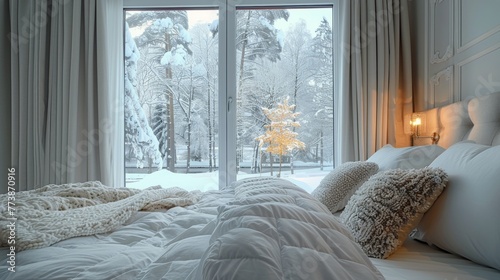 Bed With White Comforter and Pillows by Window
