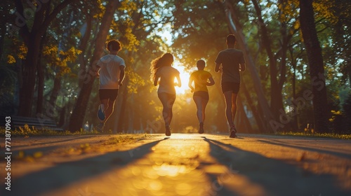 Group of People Running Through Park at Sunset