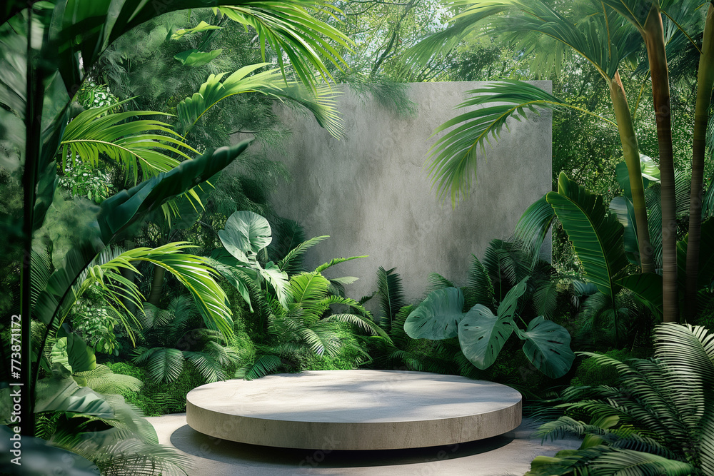 Obraz premium Minimalist blank podium in tropical forest for product presentation and green background