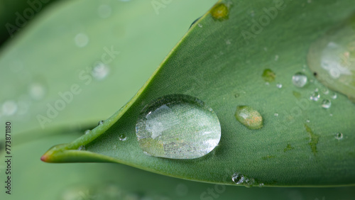 Green tulip leaf covered with raindrops