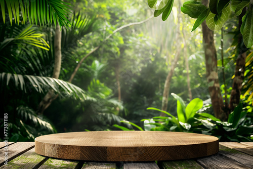 Minimalist blank podium in tropical forest for product presentation and green background