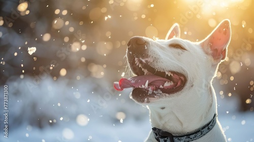 The bliss of winter captured as a spirited dog tastes the unique snowflakes on a bright winter day. photo