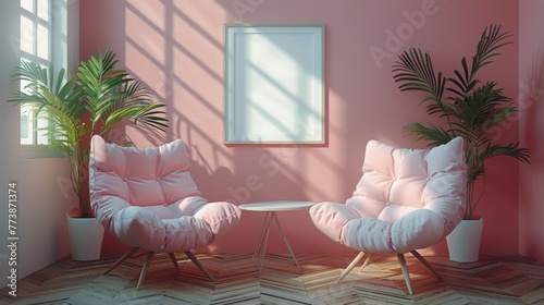 Pink Room With Two Chairs and Mirror