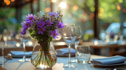 Purple Flowers in Vase on Table