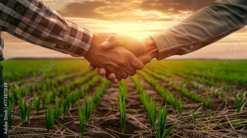 Workers shake hands against the background of a field sown with green shoots of young wheat.