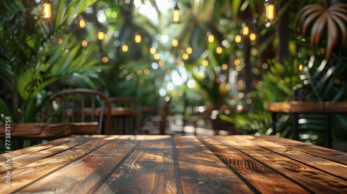 Wooden Table With Chairs and Lights in Background
