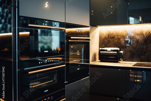 Front view of a modern designer kitchen with smooth handleless cabinets with black edges, black glass appliances.