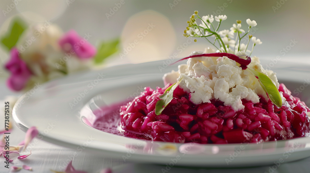 Presented in a decorative pink bowl, an elegant beetroot risotto is adorned with vibrant vegetable greens, offering a visually stunning and healthy meal option. Presented in a decorative pink bowl, an elegant beetroot risotto is adorned with vibrant vegetable greens, offering a visually stunning and healthy meal option.