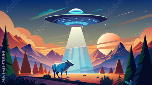 UFO kidnapping cow vector illustration